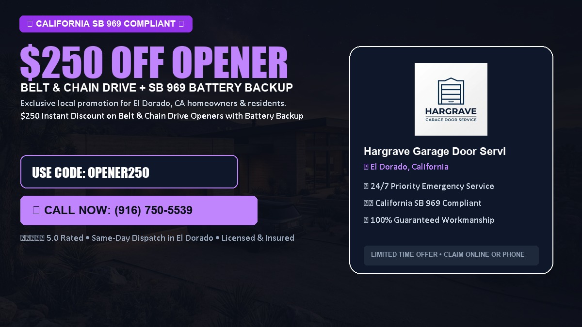 $250 OFF Smart Garage Door Opener Installation (Belt & Chain Drive with California SB 969 Battery Backup) in El Dorado, CA